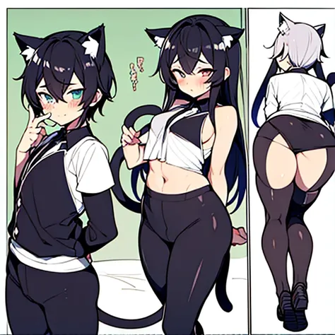 three anime boy with cat ears and tails blushing, huge butt