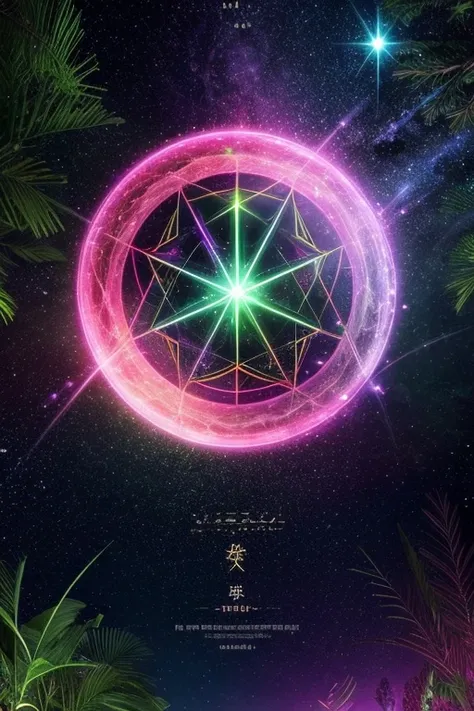 （No people）forest,synapse,Purple Flame,A hexagram made of shining stars,A collaborative world,Connected Universe,green,pink,Gold Sparkle,peace,world