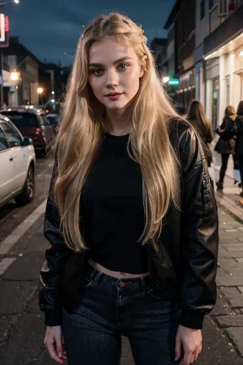 Raw photo, lovely and beautiful, realistic,girl,age 20, full body, long and blonde hair, pale skin, sharp jawline face, pink lips, body, beautiful face, light smile, detailed face,wearing black jacket and black skinny jeans ,big figure , full body, standin...