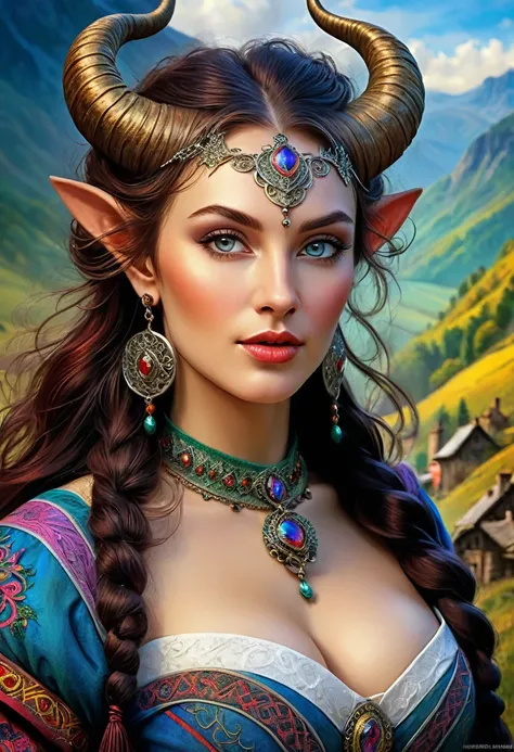 Gorgeous attractive Romanian Tiefling lady, beautiful 1600s Romanian celebration, huge breast, 1600s Romanian village backdrop, photorealistic, Anna Dittmann, Greg rutowski, Luis Royo, Susan boulet, detailed, Josephine Wall, studio photo quality, intricate...