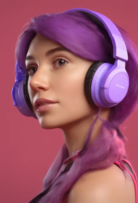 Close-up of a pair of purple-colored headphones on a girls head, front view from a slight angle to the right and above, ƒ/5.0, headphones,