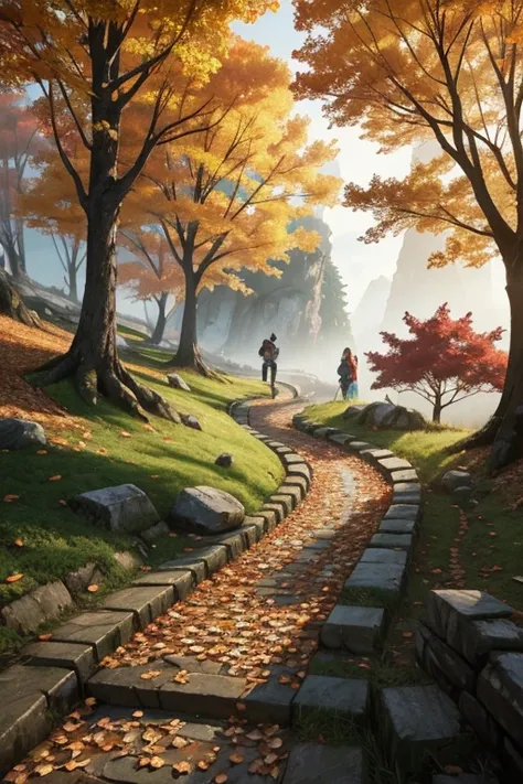 Fallen leaves on the mountain path, Atei Gailan 8K, Inspired by Sylvain Sarrail, Makoto Shinkai Cyril Rolando, Concept Art Wallpaper 4K, Digital Painting Concept Art, Cyril Rolland and Goro Fujita, Inspired by Atei Gailan