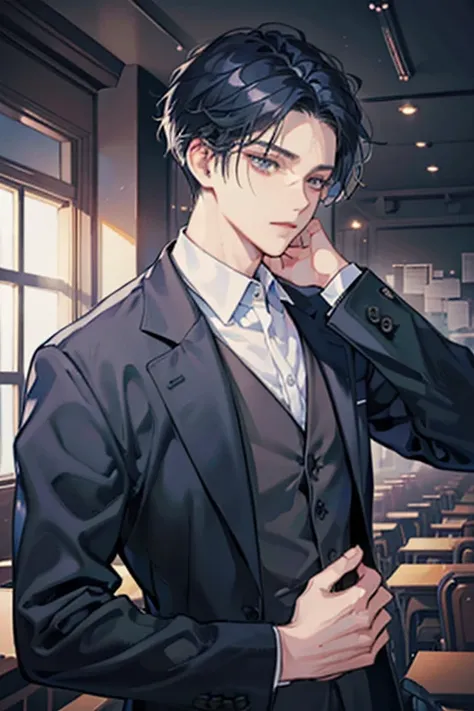 (masterpiece, top quality, super definition, high definition), male, dark blue hair, dark black eyes, short hair down, Wearing black jacket , in the class room, soft relaxed expression