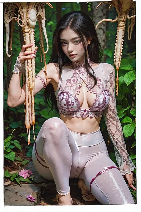 The beautiful girl in lace top and leggings is sitting astride a pile of skeletons in the center of the picture. She is holding a trembling sausage with juice squeezed out in her hand and smiling. There are multiple comic storyboards in the background，cbt,...