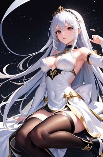 （（（Highest品質、masterpiece、Normal body、8k、Detailed face、Ultra-precision、Normal hand、通常のrefer to、５refer to、Highest）））Beautiful girl with gold and silver hair、Princess、Absolute existence、twilight dress、White and black skirt、Shiny Tiara、Metal Boots、Death&#39;s ...