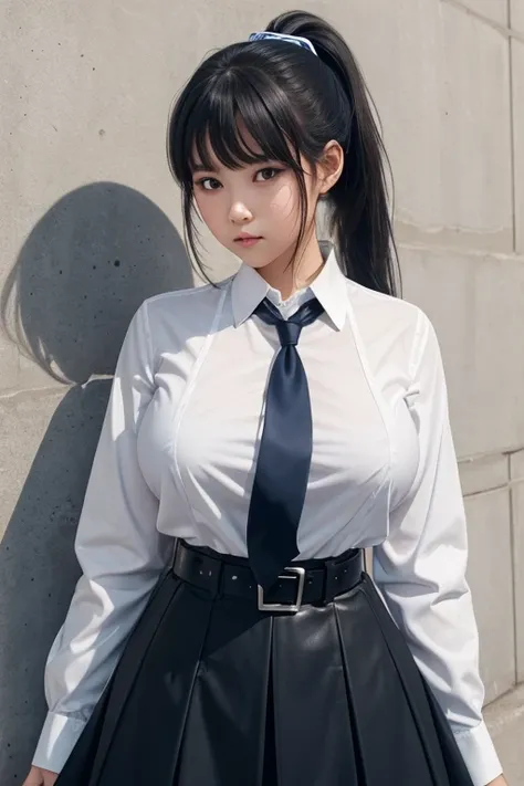 Young girl with big breasts Wear a white shirt. There is a name tag on the left chest. Tie a dark blue necktie Wear a dark blue petal skirt. Wear a black leather belt with a silver buckle. Tie your hair into a ponytail and tie it with a white bow.