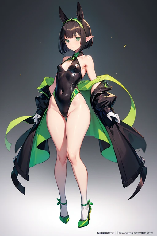 shortstack, small girl, wide hips, pointy ears, full body, standing, revealing clothes, black hairl, bob cut hair hairstyle, green leotard, curvy, white long socks, hairband, high heels, long brown gloves, green ribbons