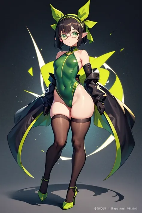 shortstack, small girl, wide hips, pointy ears, full body, standing, revealing clothes, black hairl, bob cut hair hairstyle, green leotard, curvy, black long socks, hairband, high heels, long brown gloves, green ribbons, glasses