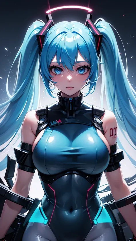 (Highest quality)), (masterpiece), Hatsune Miku VOCALOID, (Twin tails), Light Blue Hair, Water-colored Pupils, Cyberpunk, Ultimate Physical Beauty, Big Ass, (Big Breasts), ((Body suits)), 12-Legged Girl Has electronic visor fitted to her face, red latex bo...