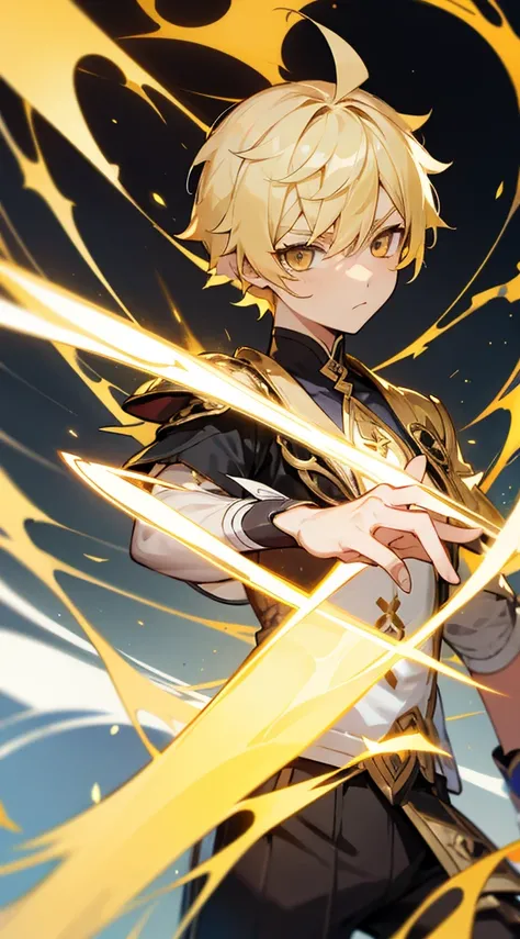 Aether from Genshin Impact. Blonde short hair, golden eyes. 1boy. Bright eyes. Serious expression.