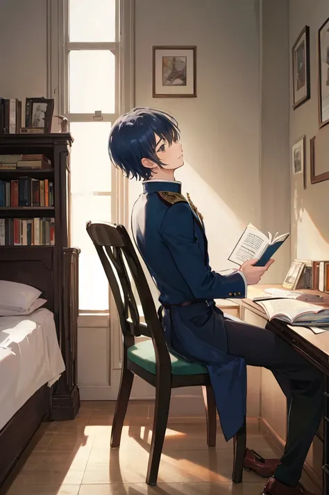 A man，prince，adult，Adults，(Ultra-short hair)，short layered cut，bedroom，Sitting and reading，