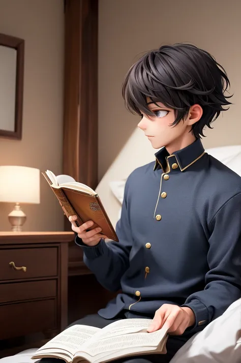 A man，prince，adult，Adults，(Ultra-short hair)，short layered cut，bedroom，Sitting and reading，