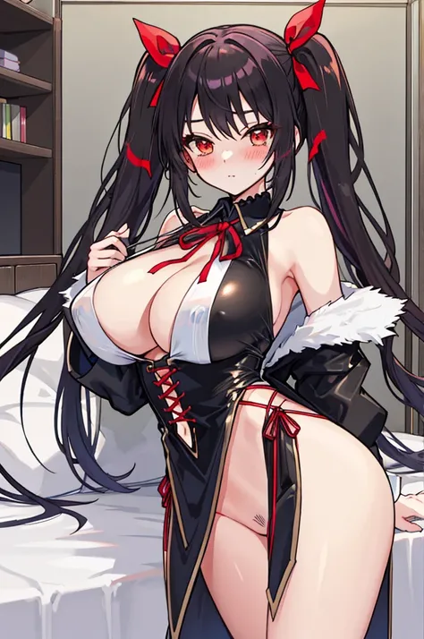 A woman with big ，Black long hair，twintails，Exquisite，(((transparent)))，Red ribbon，sleeveless，Loose collar，Protruding lower chest，Slim waist，pubic，blush，bedroom，