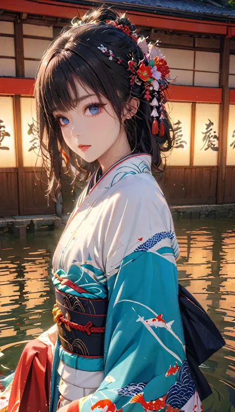 1girl looking at viewer, detailed face and eyes, beautiful intricate kimono, koi pond, traditional japanese shrine, tranquil lake, natural lighting, vibrant colors, detailed environment, (best quality, 8k, highres, masterpiece:1.2), (photorealistic:1.37), ...