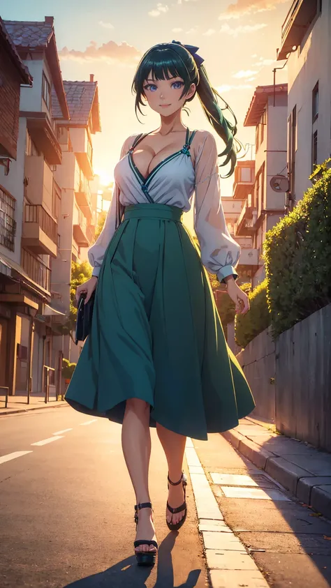 ((Best quality)), ((masterpiece)), (anime), a beautiful sexy woman walking  in a long skirt, a blouse and platform high heels, blue eyes, green hair, smooth skin, cleavage, ((full body)), smile, shoulders exposed, anime, green eyes, maomao, Under street li...