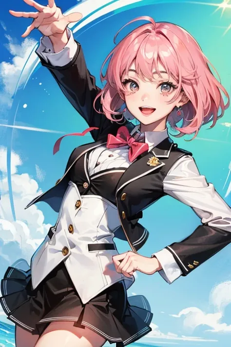 Girl. Short pink hair. With suit and skirt. Idol
Half body. Smile