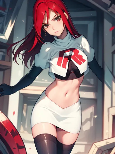 erza scarlet, long hair,red hair, brown eyes, ,team rocket uniform, red letter r, white skirt,white crop top,black thigh-high bo...