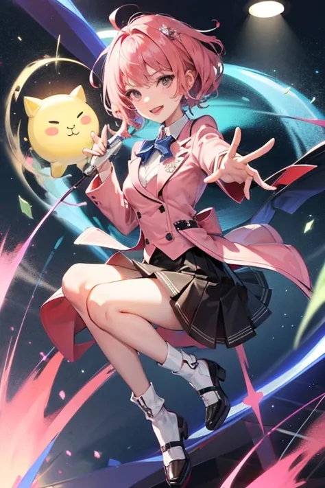  Girl. Short pink hair. With suit and skirt. Idol
Half body. Smile