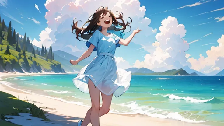 (masterpiece, highest quality, highest quality, official art, beautifully、beautiful:1.2), 1 girl,daytime,blue sky,sandy beach,cu...