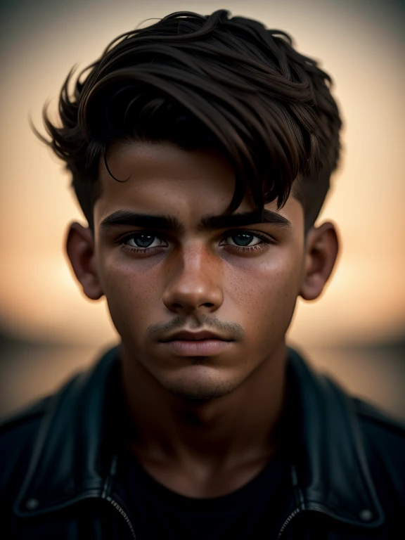 cara extremadamente detallada, obra maestra, realista, mejor calidad, photorealista, 8K, high resolution, de pie, (looking to the camera), ropa casual, 16 year old boy, pelo corto ondulado, by lee jeffries nikon d850 film stock photography 4 kodak portra 4...