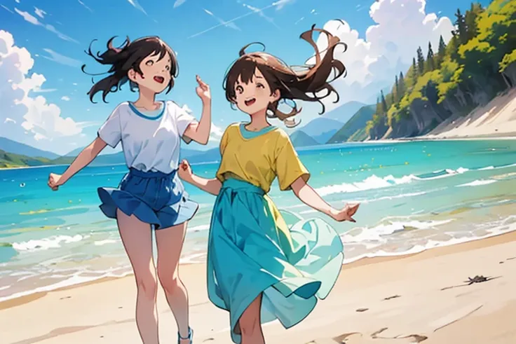 (masterpiece, highest quality, highest quality, official art, beautifully、beautiful:1.2), 1 girl,daytime,blue sky,sandy beach,cu...