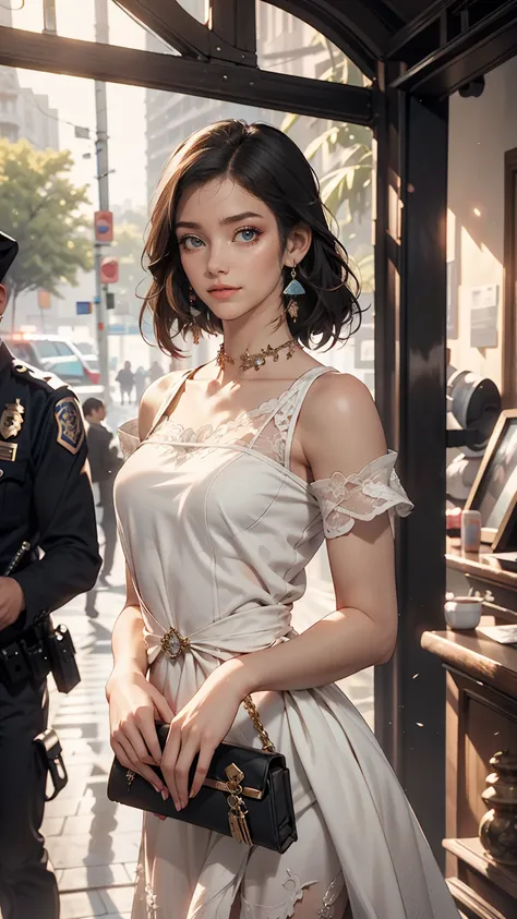 1 female, Black Hair, Blue Eyes, Delicate face, cute, Love Earrings, White Dress, Standing at the entrance to the police station, Playful, Ultra HD, masterpiece, highest quality, Super detailed, Accurate