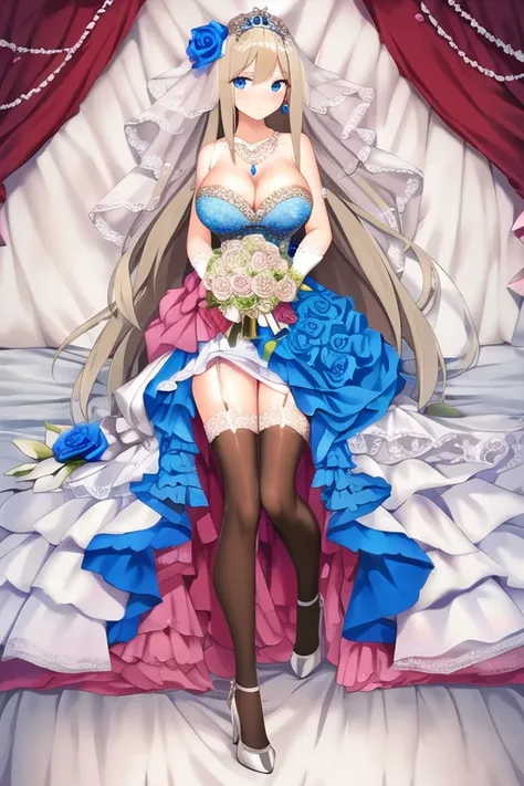 ((masterpiece)), (((best quality))), ((ultra-detailed)), ((illustration)), ((disheveled hair)), ((frills)), (1 girl), (solo)，1girl，alternative costume, blonde hair, blue eyes, blue flower, blue rose, blush, bouquet, breasts, bridal veil, bug, butterfly, ch...