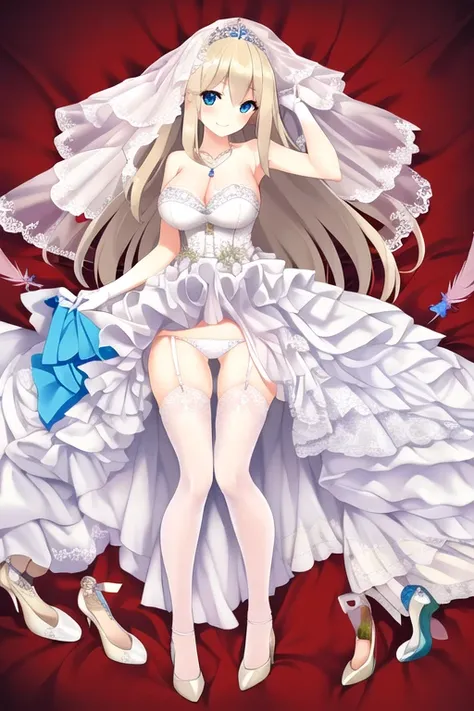 ((masterpiece)), (((best quality))), ((ultra-detailed)), ((illustration)), ((disheveled hair)), ((frills)), (1 girl), (solo), 1girl， anchor necklace， blonde hair ， blue eyes， braid， breasts ， bridal veil ， clothing， dress ， feather hair ornament ， feathers...