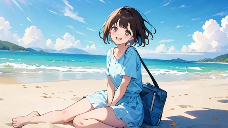 (masterpiece, highest quality, highest quality, official art, beautifully、beautiful:1.2), 1 girl,daytime,blue sky,sandy beach,cu...