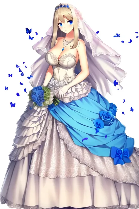 ((masterpiece)), (((best quality))), ((ultra-detailed)), ((illustration)), ((disheveled hair)), ((frills)), (1 girl), (solo)，1girl，alternative costume, blonde hair, blue eyes, blue flower, blue rose, blush, bouquet, breasts, bridal veil, bug, butterfly, ch...