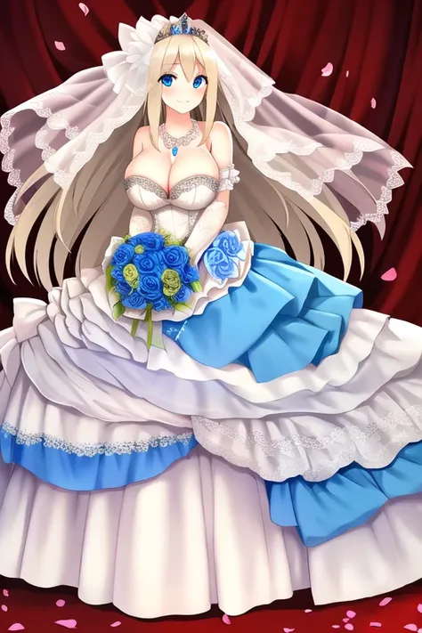 ((masterpiece)), (((best quality))), ((ultra-detailed)), ((illustration)), ((disheveled hair)), ((frills)), (1 girl), (solo)，1girl，alternative costume, blonde hair, blue eyes, blue flower, blue rose, blush, bouquet, breasts, bridal veil, bug, butterfly, ch...