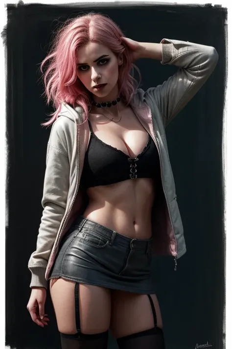 goth punk busty indian Girl rocking out, pink hair, pink eyes, heavy eyeliner, hoodie, jacket, miniskirt, thigh highs. on black canvas in the style of guillem h. pongiluppi,  abigail larson, ominous landscapes, john sloane, light gray and pink, energy-fill...