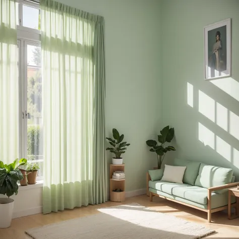 ins style, indoor, Horizontal view, Ultra HD, ccurate, high resolution, Home scene, There are green plants, No sofa, There are windows and white curtains, Light-colored wall with texture, Canon, High Detail, Chiaroscuro, Ray Tracing, wide shot, atmospheric...