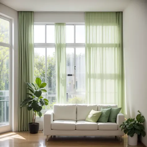 ins style, indoor, Horizontal view, Ultra HD, ccurate, high resolution, Home scene, There are green plants, No sofa, There are windows and white curtains, Light-colored wall with texture, Canon, High Detail, Chiaroscuro, Ray Tracing, wide shot, atmospheric...