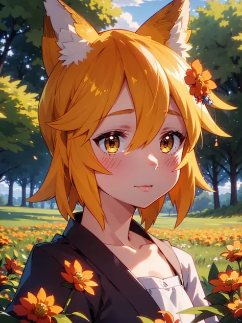 A girl, Fox ears, field, Orange flowers. Super detailed, Detailed ears, Detail Eyes, Girls 4K, Detailed flowers, beautiful clouds, detailed blocks, Beautiful trees, trees in the background, Detailed trees, Girl close-up, body