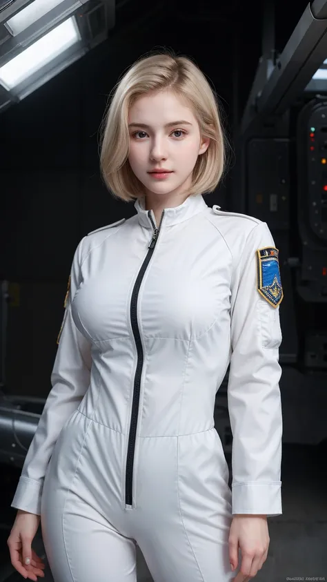 ((best quality)), photorealistic, photorealism, Photorealistic, high resolution, Beautiful, Baby Face, 20 Years Old, White Skin, pale skin, Large Breasts, huge breast, Combat pose, looking at the camera, (Detailed face), curtain hair, short hair, blonde ha...