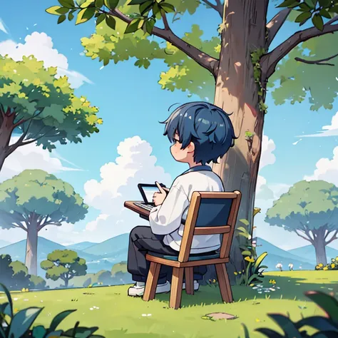 8k、HD、Japanese man in his 30s、Sitting in a chair in nature and programming on a computer、Clothes are simple、Back view、Artistic、I like computers、Rich in greenery、The sky is blue and the clouds are white、Ambitious、creative、I like nature、Bright atmosphere