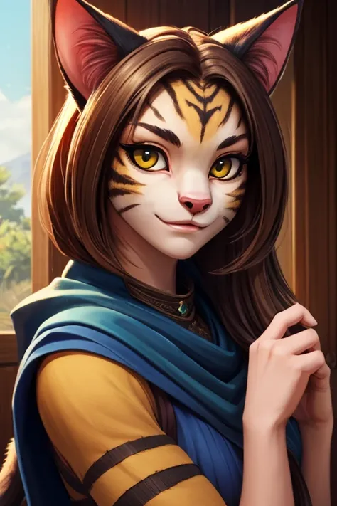 ((super high quality)), ((masterpiece)), girl khajiit, shinobi girl, artificial cat, hairy cat, ((cat ears only, there&#39;s not...