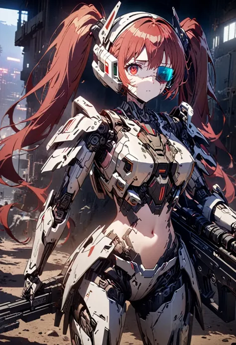 8k, 1girl, robot girl, red hair, twin tails, red eyes, white and gray camouflage clothing, hyper-detailed cyborg armor, holding an urban camouflage long range rifle, robot-like helmet, scouter in one eye, half of face skin peeled off revealing cyborg base,...