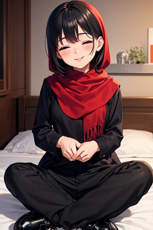 (((pixel-perfect, detail-perfect))), solo 1girl, haji cempedak(Yeol Ayres), red hijab, black shirt, long sleeves, pants black, shoes black, bedroom, black hair, eye black, smile, closed eyes