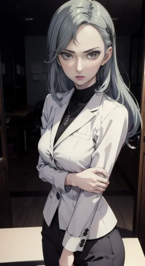 (((masterpiece))) sae niijima, wearing an office lady suit, long pants, in an office, standing, serious looks, bright