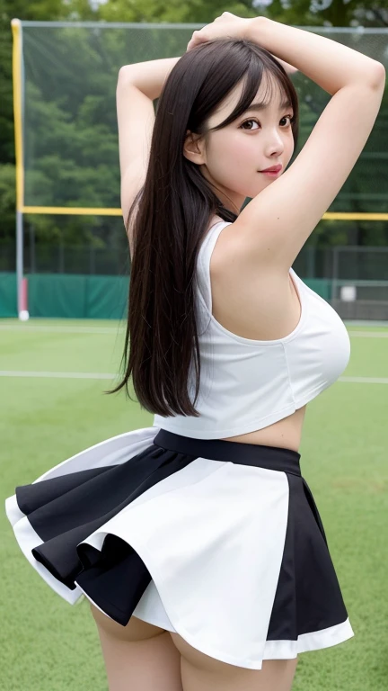 8K、Detailed Description、High definition、Realistic、Real、live-action、reality、High resolution、Nogizaka46、japanese idol,beautiful girl、21 years old、Sleeveless lacrosse uniform、Knee-up-top angle of view、Lacrosse court、sunny、Back view、Turn around, look at me and...