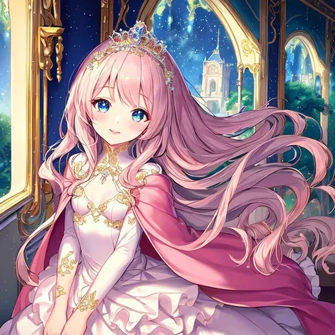 (kawaii),(best quality),(ultra detailed),(rococo style),(long train pastel pink cape:1.15), very long cape,(long train white bal...