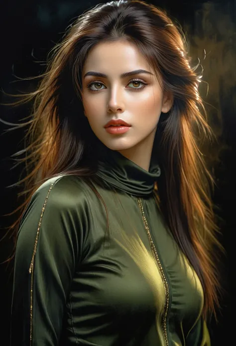 illustration by luis royo. black background. beautiful lebanese woman with long brown hair. ideal anatomy, beautiful expressive ...