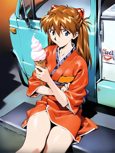 1 girl, soryu asuka langley wearing a kimono, bored expression, holding an ice cream cone, sitting next to the ice cream truck, ...