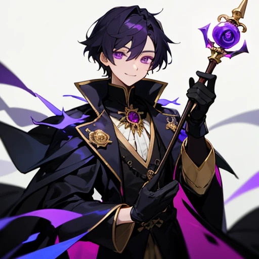 1 Male, solo, Wizard, 22 years old, Black purple hair, Purple Eyes, Wizardの黒いとんがり帽子, 黒いWizardのローブ, Holding a wooden magic wand, Ally, smile, Black gloves, upright, up, Gold rose brooch, cool, Use magic