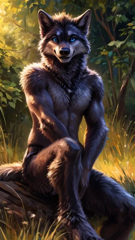 sunlight, masterpiece, high quality,whole body， （teenagerfurry）,（hairy）, teenager, black wolf, black tail hairstyle,（（purple eye...