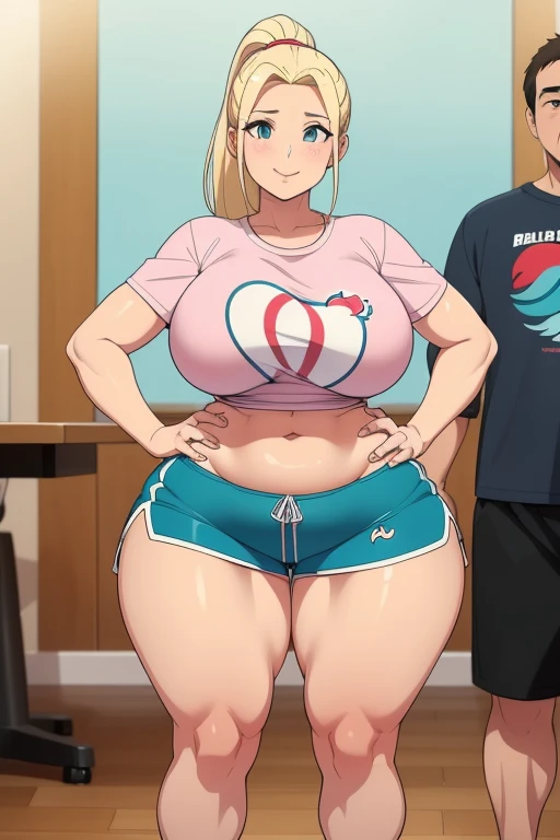 High resolution, (((two people in picture))), (one is a mature white girl, (((bimbo))), thick, long blonde, ponytail, she is smiling , very big wide hips, thick thighs, hourglass figure, small round breast, ((shes wearing dolphin shorts)), a table is in be...