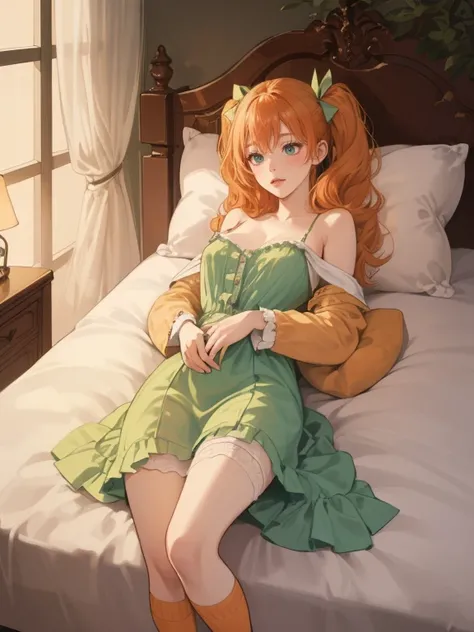 (((droopy eyes))), ((luxurious)) (((((orange hair color)))) ((GREEN EYES))((THICK THIGHS))((yellow luxurious sleepwear dress))(( white thigh high socks))((warm lighting and hue))((half up pigtails with ribbon hair))((luxurious))((((submissive eyes, girl)))...