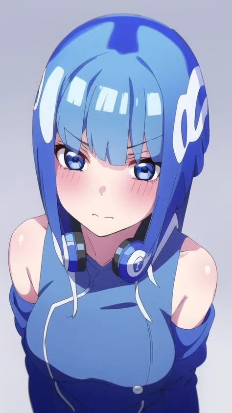 Leviathan_Megamanz, 1 Girl, looking at viewer, blue hair, Blue eyes, simple background , Blushed, Miku Nakano Clothes , Headphones on neck , Submissive Clothing 